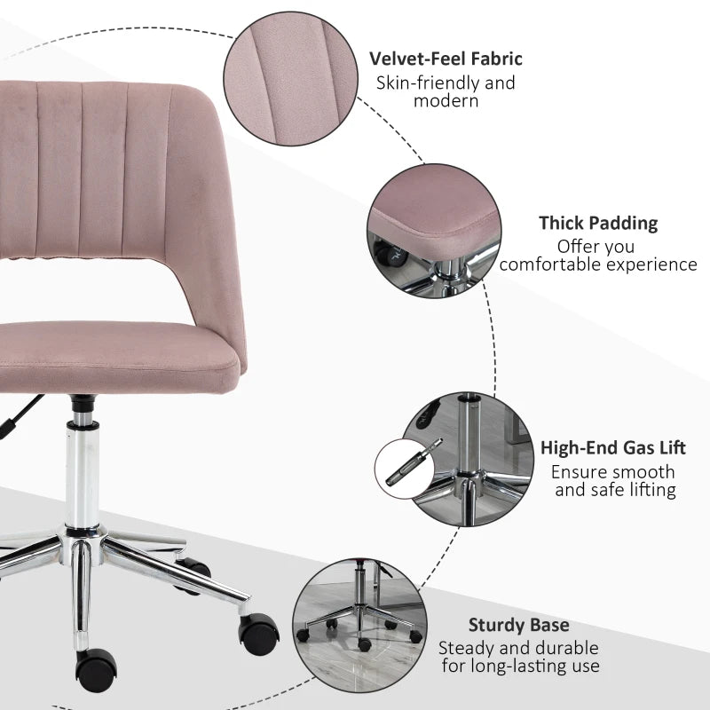 Vinsetto Pink Velvet-Feel Armless Office Chair - Stylish Ergonomic Design for Home & Office - Comfortable Seating Solution