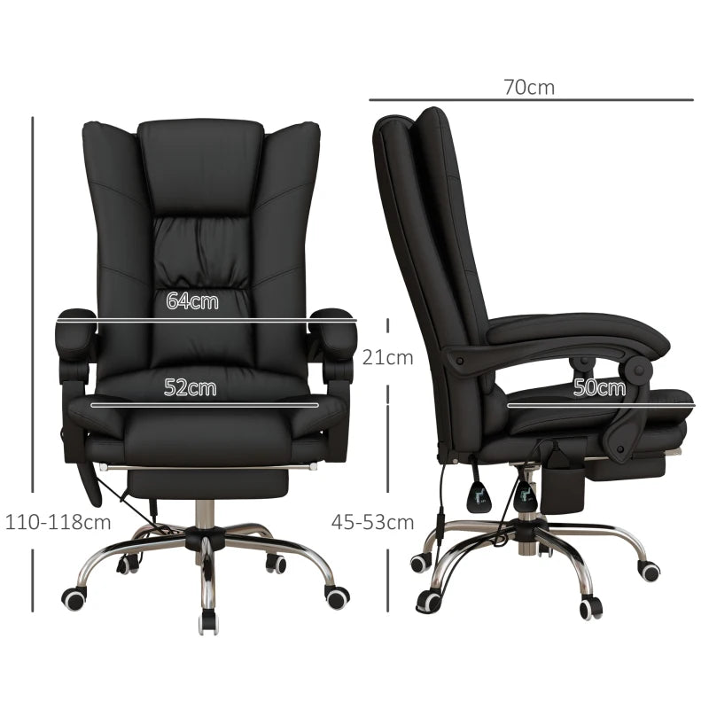 Vinsetto High Back Massage Office Chair with Heat, Reclining PU Leather Computer Chair, 135° Recline & Footrest - Black