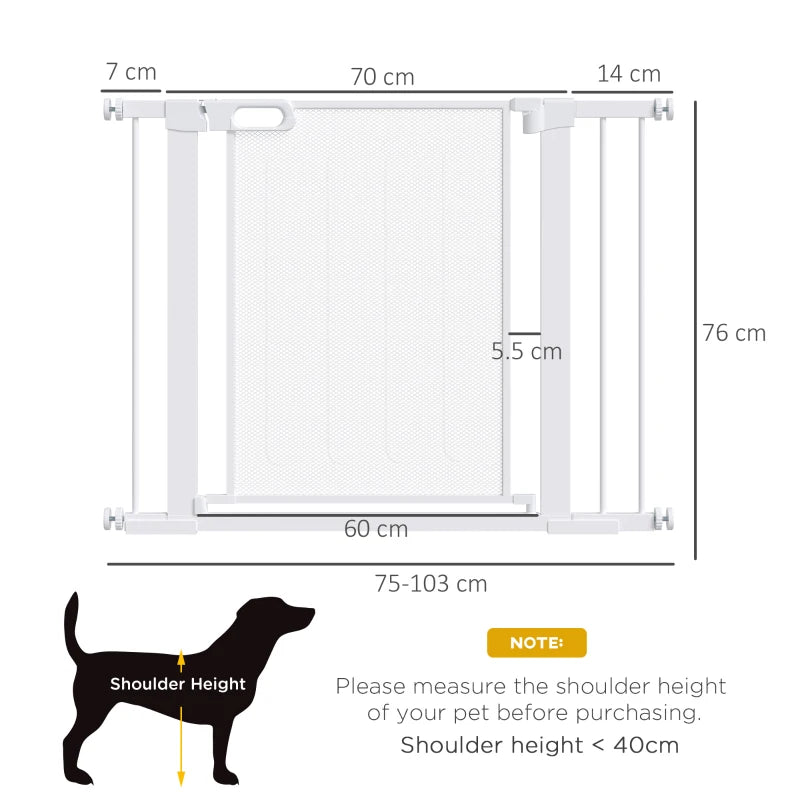 Pet Safety Gate for Doorways & Staircases - Adjustable 75-103cm with Extensions Kit - White Color, Ideal for Hallways