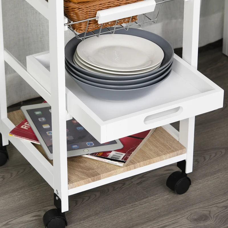 Compact Mobile Rolling Kitchen Island Trolley with Metal Baskets & Shelves - Stylish White Storage Solution on Wheels