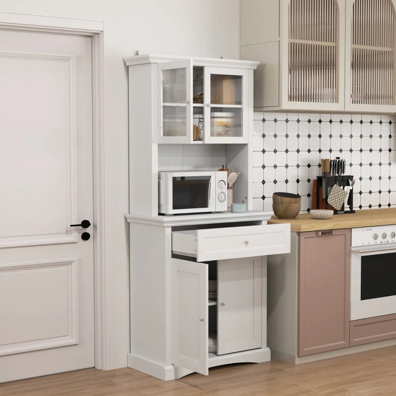 4-Door White Kitchen Cupboard with Drawer, Glass Doors, Adjustable Shelves & Open Counter - Freestanding Storage Cabinet