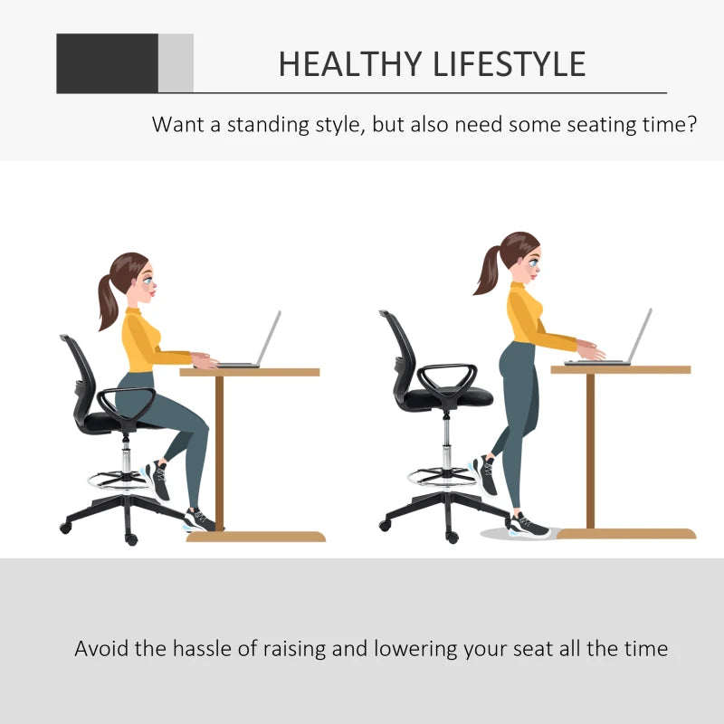 Vinsetto Ergonomic Drafting Chair - Adjustable Height, Mesh Back, Lumbar Support, Swivel Wheels, Ideal for Standing Desks - Black