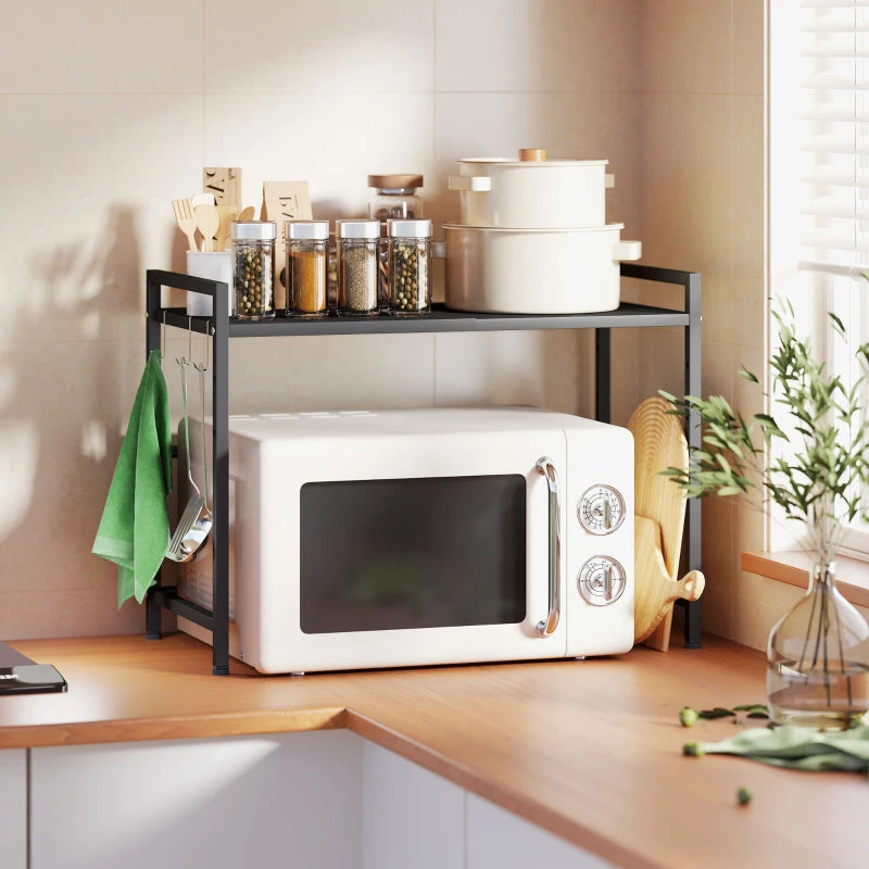 Expandable Microwave Oven Rack with 3 Hooks - Space-Saving Kitchen Organizer, Black - Perfect for Small Spaces
