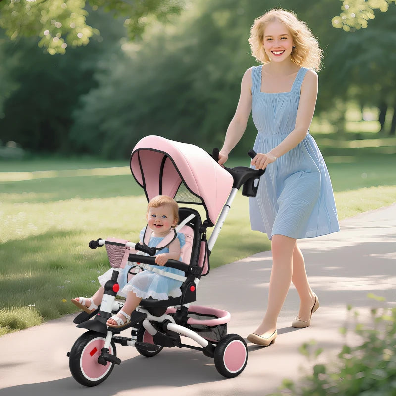 6 in 1 Foldable Kids Trike with Adjustable Parent Handle and Canopy for Ages 1-5 Pink