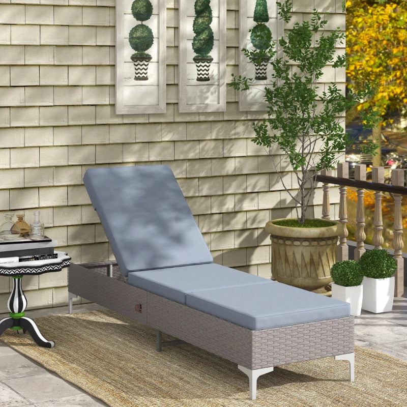 Dark Grey Rattan Sun Lounger with Adjustable Backrest & Washable Cushion for Patio & Garden