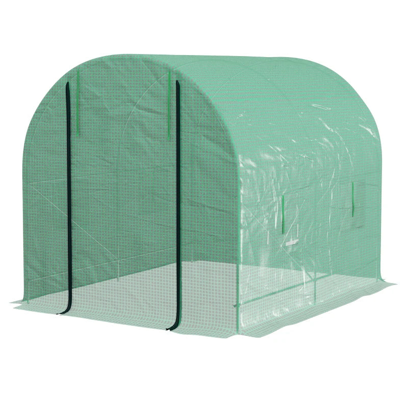 Green Walk-In Garden Greenhouse with Steel Frame, PE Cover, Roll-Up Door, 4 Windows - 2.5 x 2m