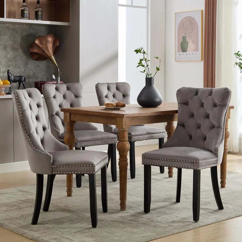 Set of 4 Grey Velvet Dining Chairs with Button Tufted Backrest, Wingback Design, Solid Rubber Wood Legs, Foot Pads