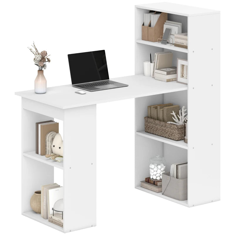 120cm White Wooden Computer Desk with 6-Tier Bookshelves - Stylish Home Office Laptop Table & Writing Workstation
