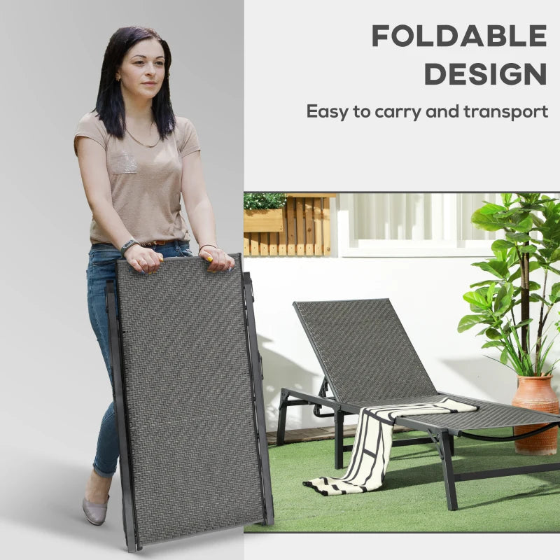 Grey Foldable Rattan Sun Lounger with Adjustable Backrest