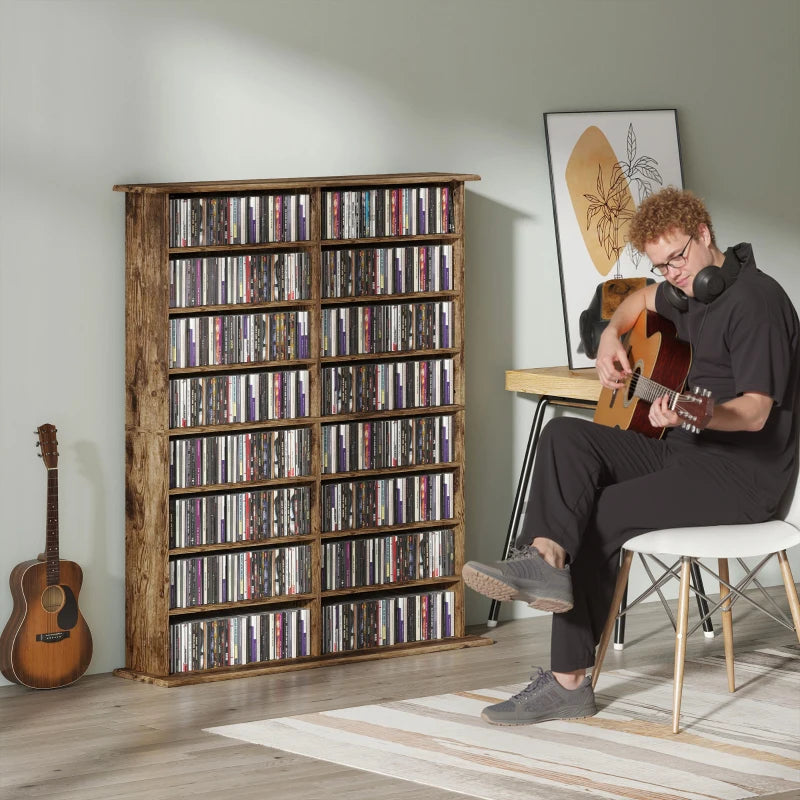 16-Compartment Rustic Brown Media Shelf - Stylish Storage Solution for DVDs, Games, and Books - Perfect for Home Decor