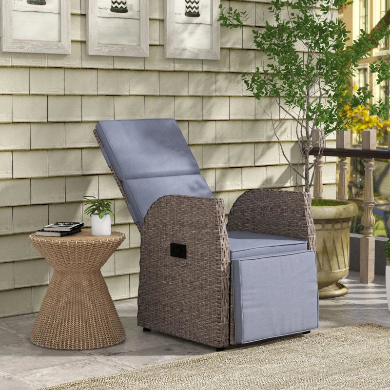 Reclining Rattan Garden Armchair with Footrest - Brown/Grey