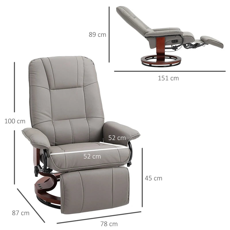 Grey Faux Leather Manual Recliner Armchair with Wooden Base for Living Room and Bedroom Comfort