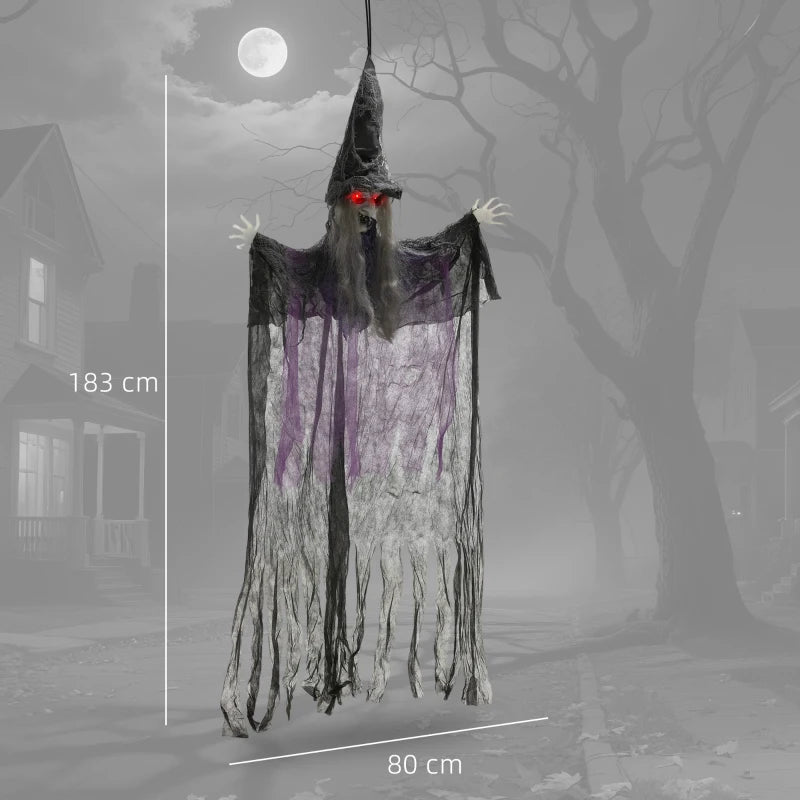 183 cm Life Size Animated Hanging Witch with Glowing LED Eyes - Spooky Halloween Decoration, Battery Operated Indoor Party Prop