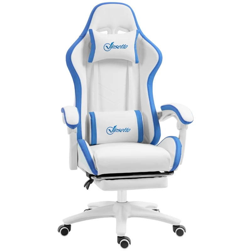 Vinsetto White and Blue Gaming Chair - PU Leather Office Desk Chair with Footrest, 135° Recline, Lumbar Support & Headrest
