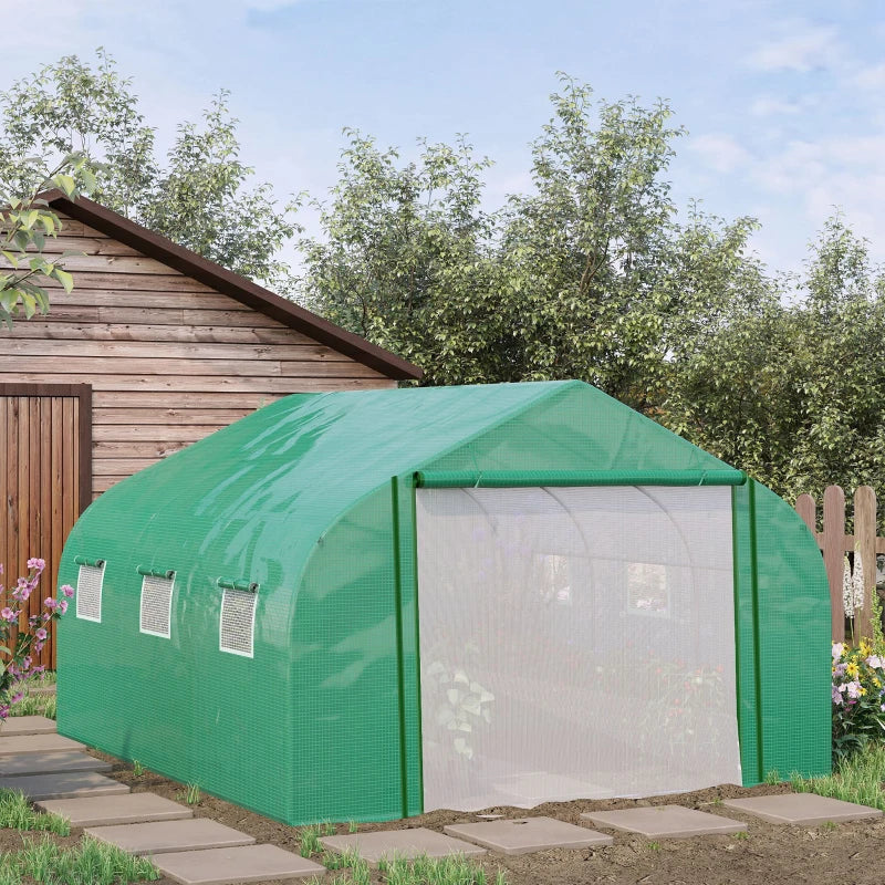 Green Walk-in Garden Greenhouse with Mesh Door, PE Cover, 6 Windows - 3.5 x 3 x 2m