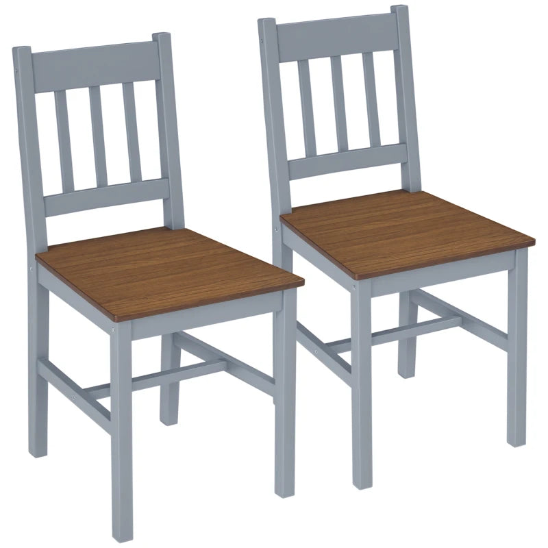 Set of 2 Grey Dining Chairs with Slat Back - Pine Wood Kitchen Chairs for Living Room & Dining Room