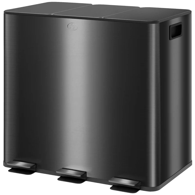 3 x 15L Steel Pedal Bin Set - Triple Kitchen Trash Can with Soft Close Lid, Removable Buckets, Fingerprint-Proof, Black