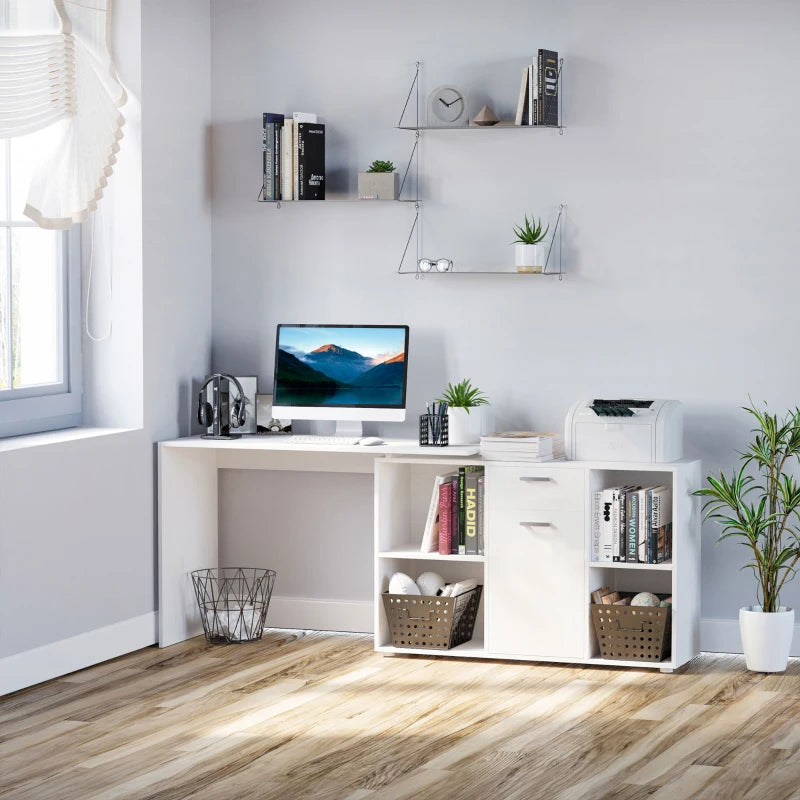 L-Shaped White Computer Desk with Storage, Drawer & Cabinet - Corner Laptop PC Workstation for Home Office, 120x115x76cm