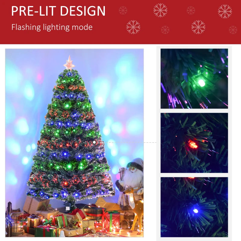 5ft Prelit Artificial Christmas Tree with Multi-Colored Fiber Optic LED Lights - Festive Holiday Home Decoration, Green Xmas Tree
