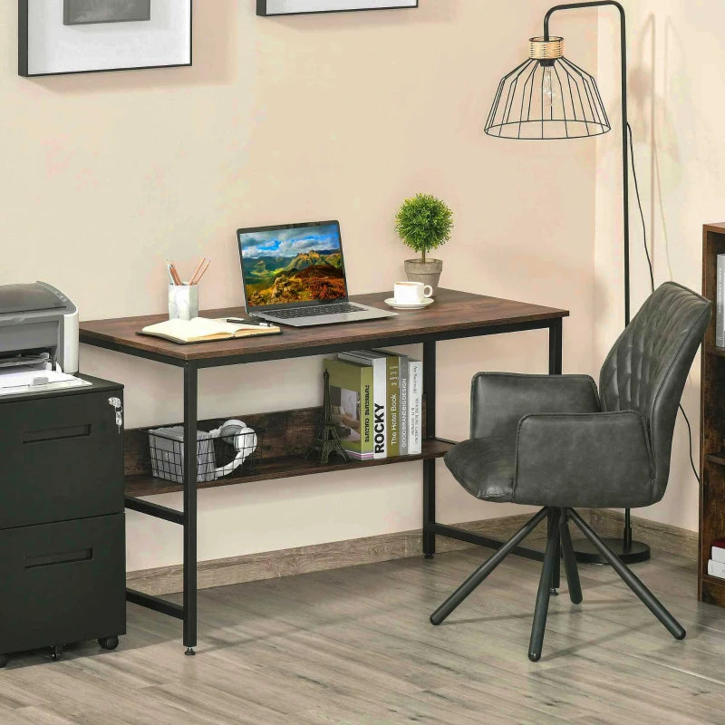 Rustic Brown Computer Desk with Storage Shelf - 120x60cm Home Office Study Table, Metal Frame, Easy Assembly