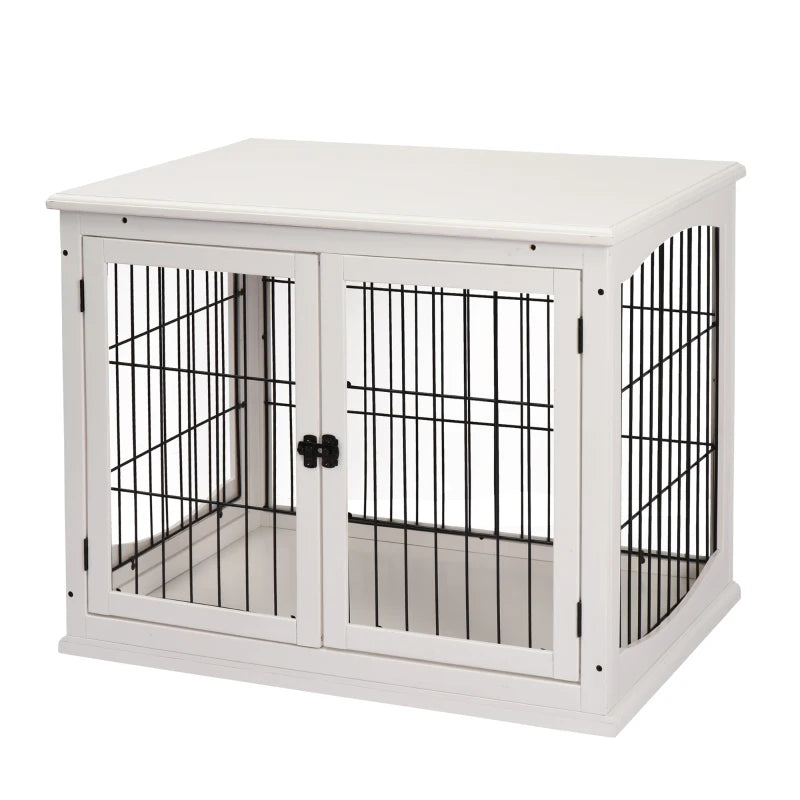 Stylish Dog Crate Furniture - Puppy End Table Kennel with 2 Doors for Medium & Small Dogs, White, 81x58.5x66 cm