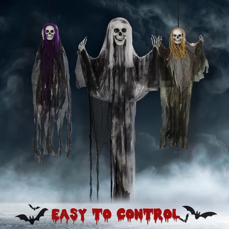 Set of 3 Hanging Skeleton Halloween Decorations - Scary Flying Ghosts for Garden & Party - 90/110/170cm Sizes