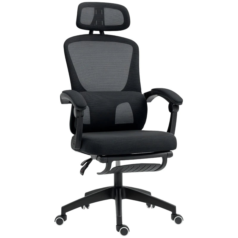 Ergonomic Mesh Office Chair with Adjustable Lumbar Support, Headrest & Footrest - Reclining Executive Swivel Desk Chair in Black