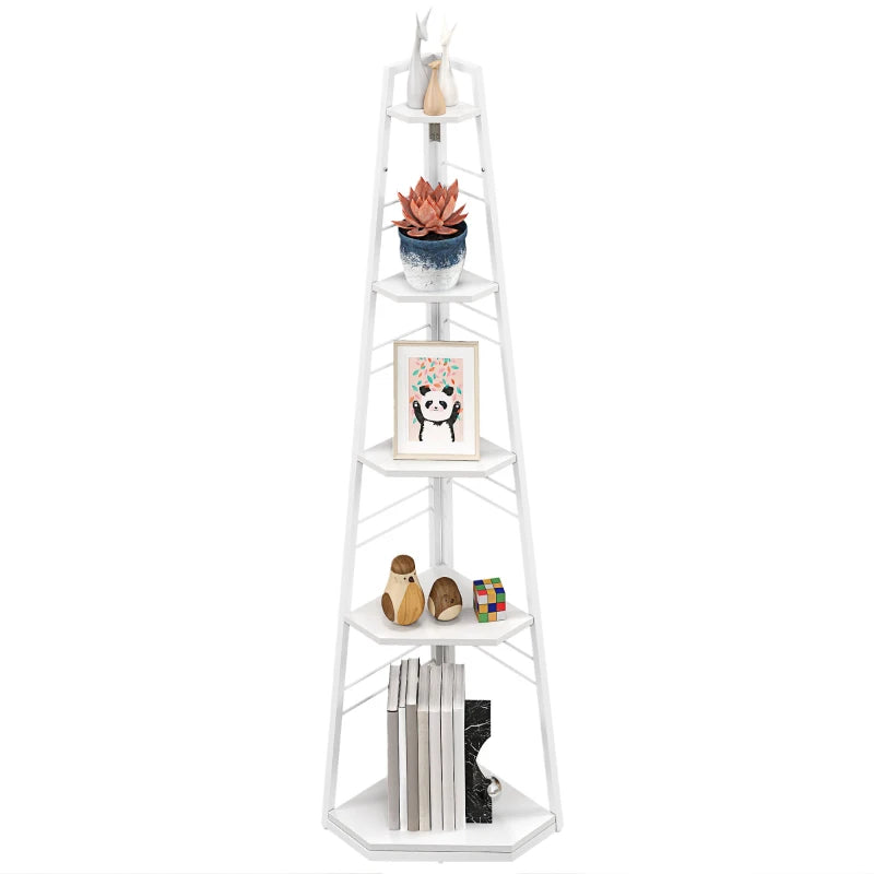 Stylish Five-Tier Corner Shelf in White - Space-Saving Storage Solution for Home Decor and Organization