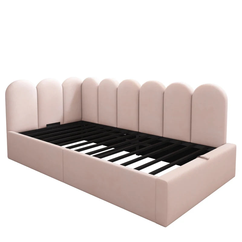 3FT Pink Upholstered Daybed with Hydraulic Storage & Metal Slatted Frame, Velvet Finish, Single Ottoman Bed, 200L x 97W x 76H cm