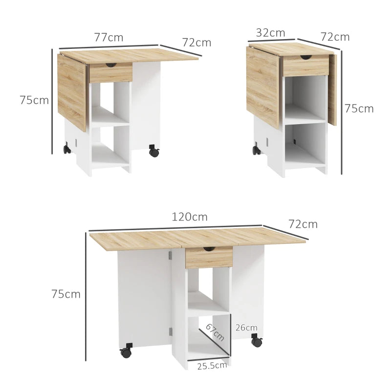Folding Dining Table with Drop Leaf - Space-Saving Oak Table with Drawer & Storage Shelves for Kitchen & Dining Room
