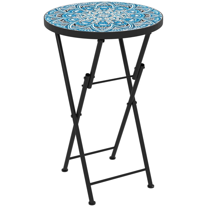 Mosaic Round Folding Garden Table, 35.5cm Blue Coffee Table for Balcony & Terrace