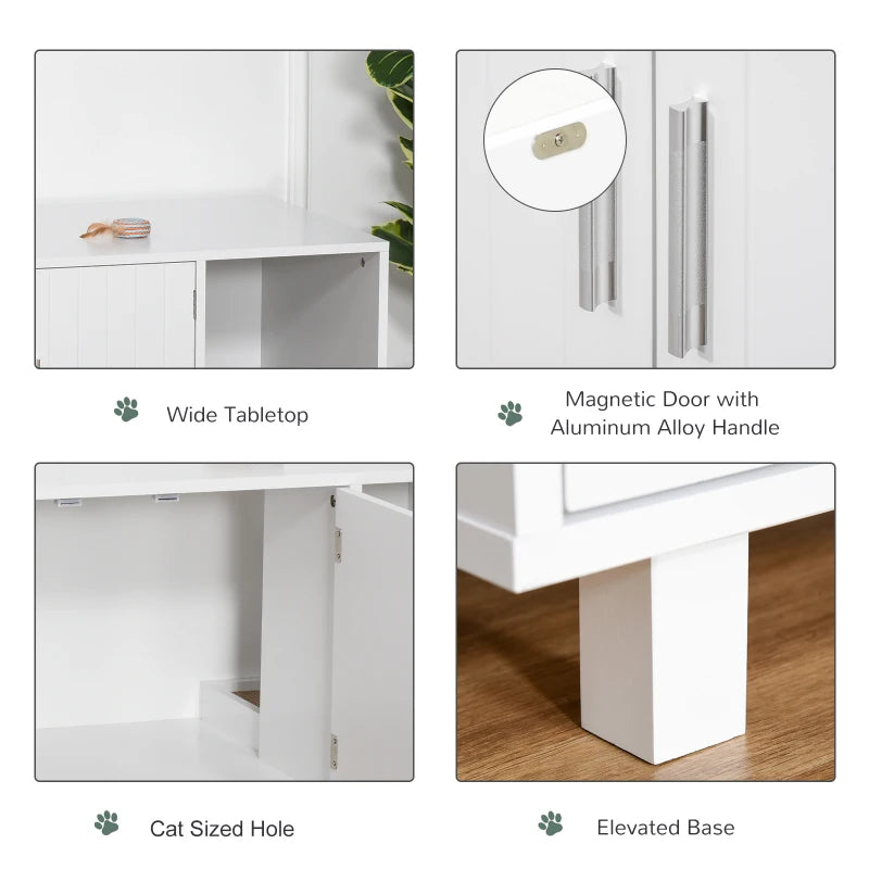 Wooden Cat Litter Box Enclosure with Nightstand Design, Scratching Post & Magnetic Doors - Stylish White Cat House