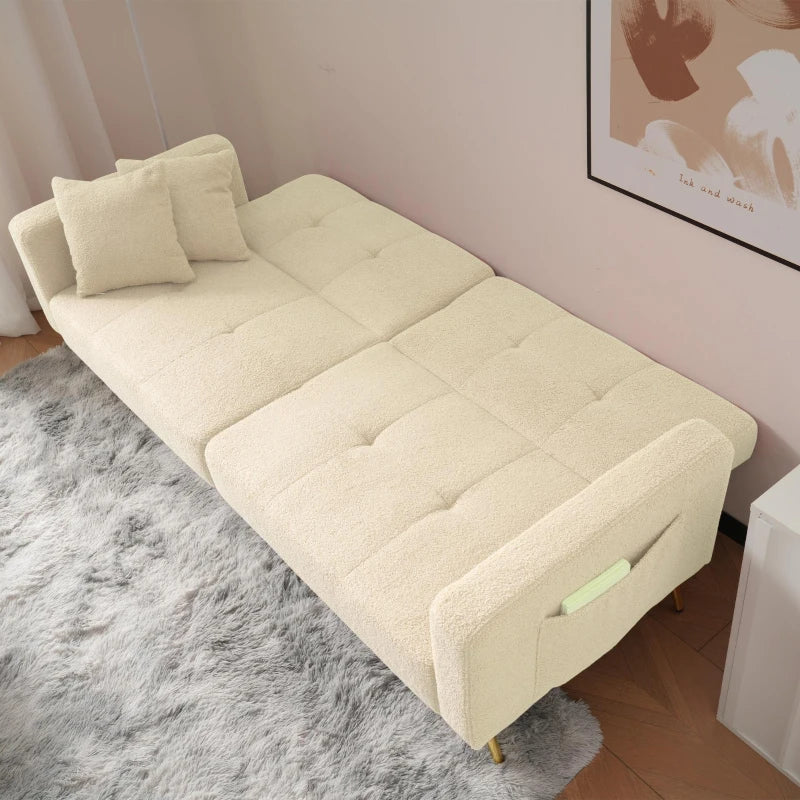 Elegant Beige Convertible Sofa Bed with Adjustable Backrest and Side Pockets, Perfect Loveseat for Bedroom, 176L x 64W x 75H cm