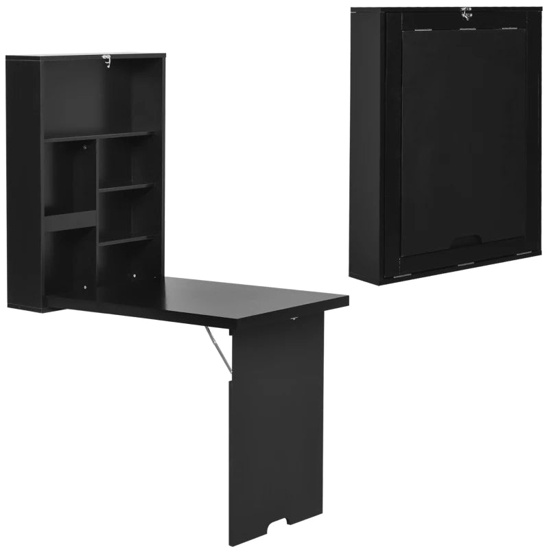 Folding Wall-Mounted Drop-Leaf Table with Chalkboard & Storage Shelf - Multifunctional Floating Desk for Home Office - Black
