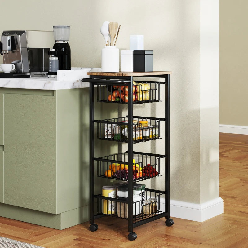 Stylish Four Basket Mobile Kitchen Island with Brakes - Oak and Black Finish for Easy Mobility and Storage