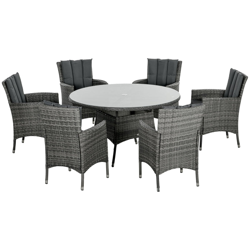 7-Piece Rattan Dining Set with Round Glass Table - Brown