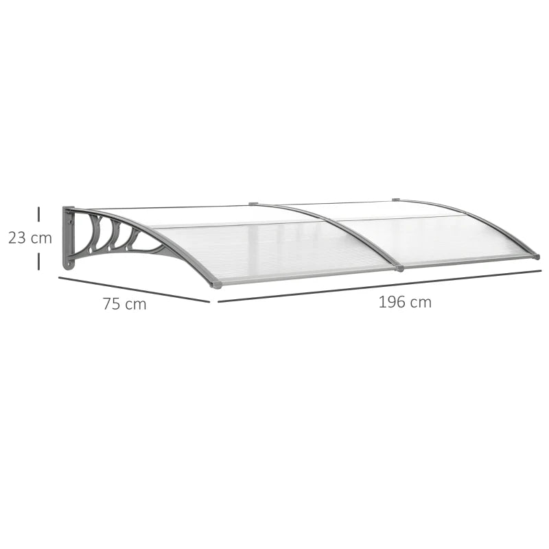 196cm x 75cm Clear Front Door Canopy - Rigid Plastic Polycarbonate Rain Shelter - UV, Water & Rain Resistant