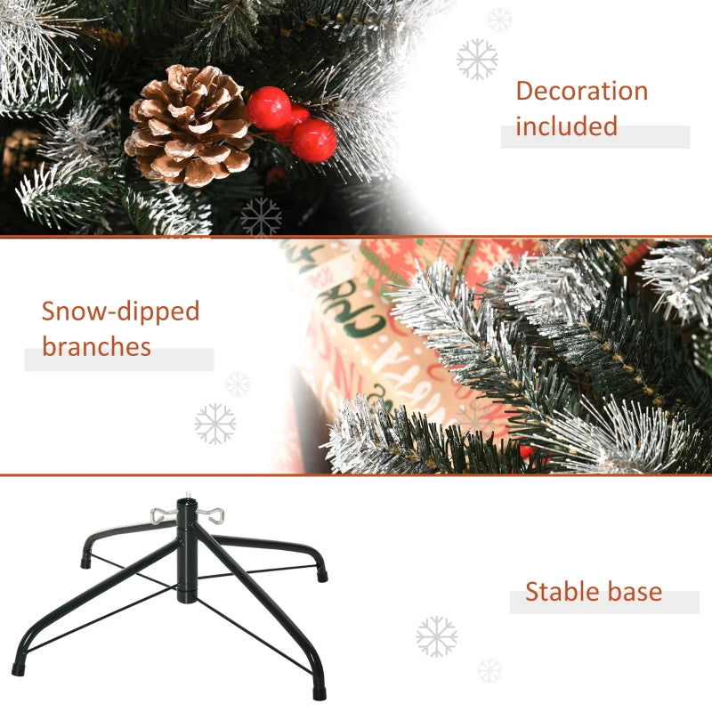 6FT Snow Dipped Christmas Pencil Tree with Red Berries & Pinecones - Foldable Holiday Decoration for Home Parties