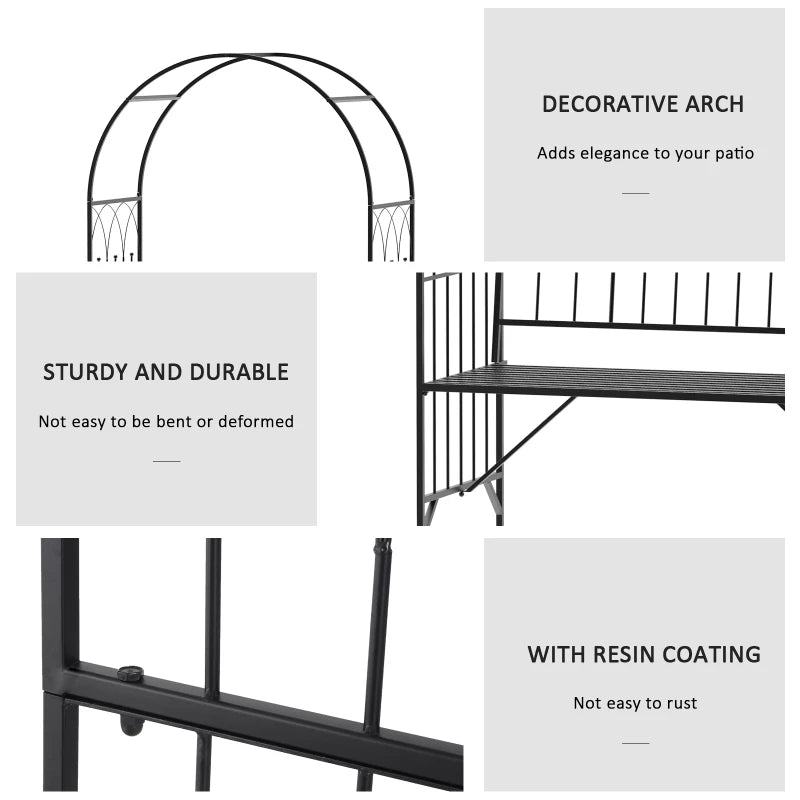 Black Metal Garden Arch Bench with Rose Trellis - Outdoor 2-Seater Arbour Pergola