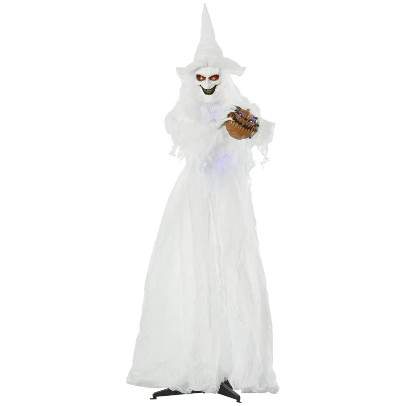 74" Halloween Decorations - Life Size White Witch Holding Pumpkin Head & Skeleton Ghost Prop with Light Up Eyes
