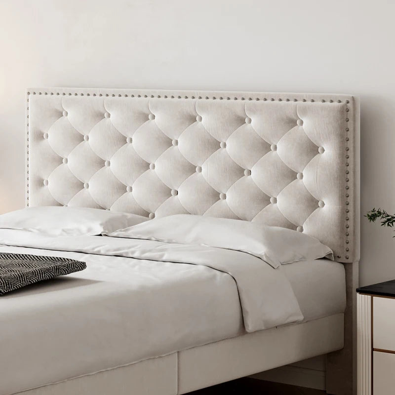 Double Upholstered Velvet Bedstead with Button-Tufted Headboard - Noise-Free, Solid Wood Slats, Beige, 193L x 141W x 110H cm