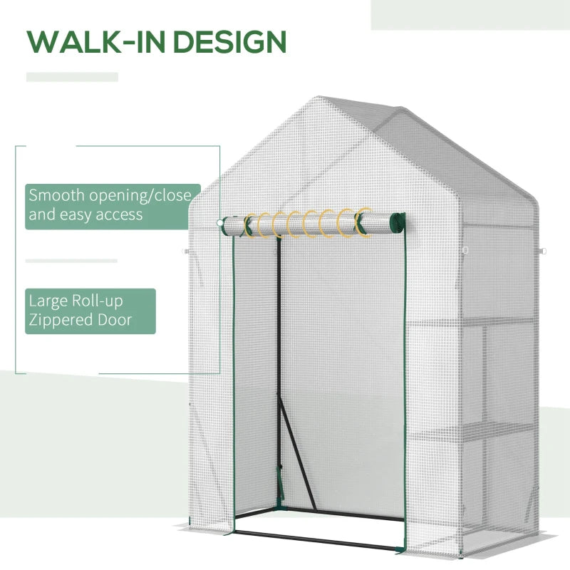 Portable Greenhouse with 2 Tier Shelf, Roll-Up Door, PE Cover - Green, 143 x 73 x 195cm