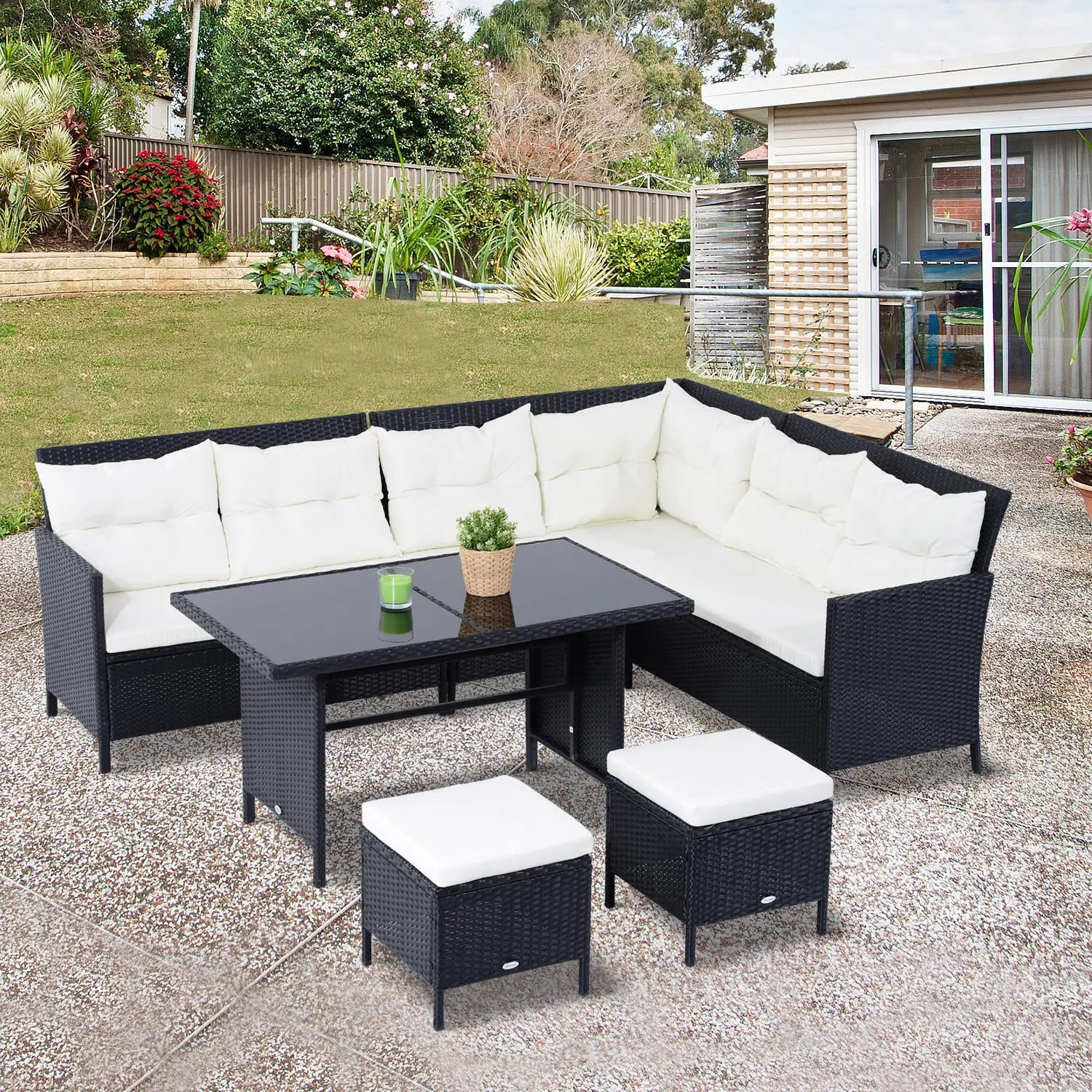 Black 8-Seater Rattan Wicker Corner Sofa Set With Table