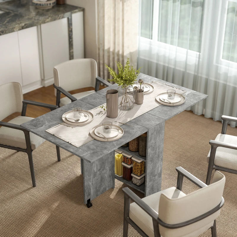 Folding Drop Leaf Dining Table with 2-Tier Shelves & Rolling Casters - Space-Saving Kitchen Table in Cement Grey
