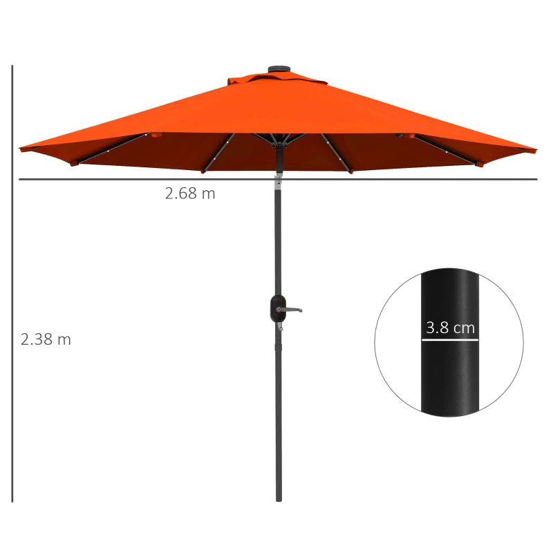 Orange 2.7m Patio Umbrella with Tilt Crank and LED Lights