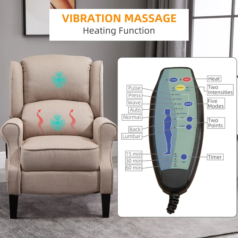 Luxury Heated Massage Reclining Armchair with Thick Sponge Padding and Linen Upholstery for Home Relaxation in Beige