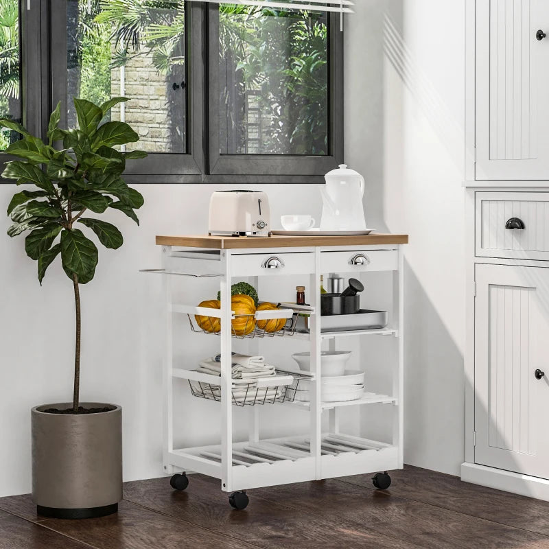 Rolling Kitchen Island Trolley Cart with Drawer, Shelves, Basket, Wheels & 6-Bottle Wine Rack - Stylish White Design