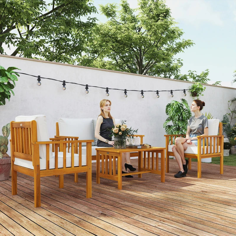 Four-Piece Acacia Wood Garden Sofa Set with Teak Finish and Cream Cushions
