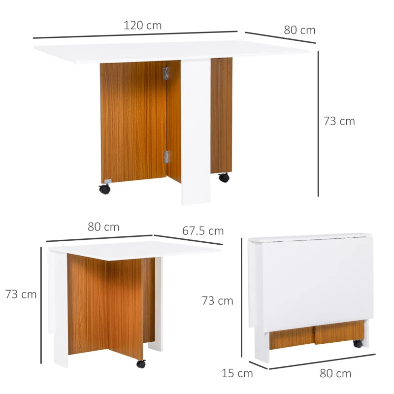 Folding Dining Table & Writing Desk Workstation on Casters - Teak & White Finish for Versatile Home Use