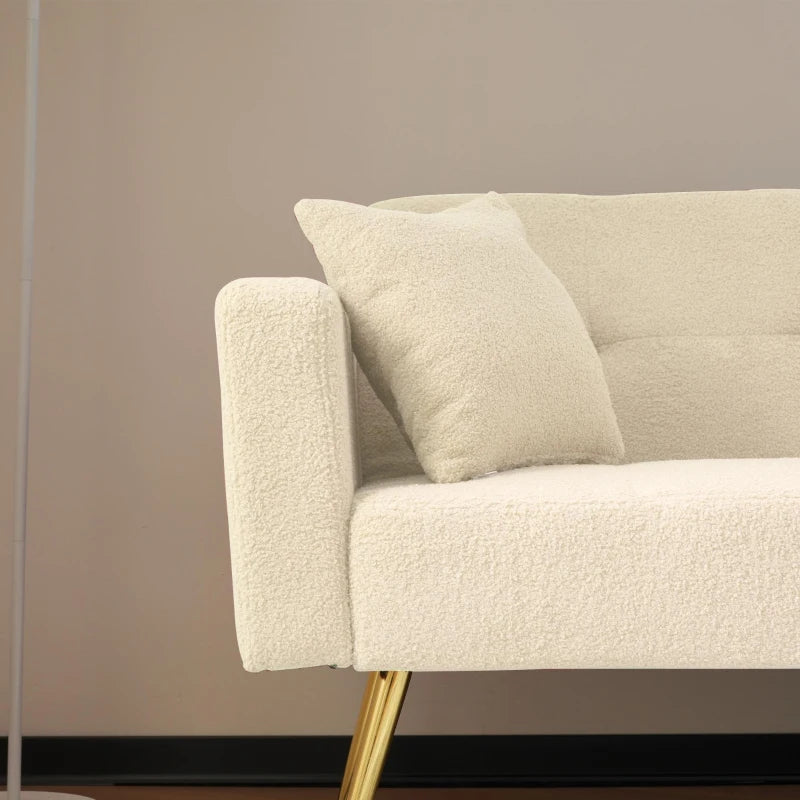 Elegant Beige Convertible Sofa Bed with Adjustable Backrest and Side Pockets, Perfect Loveseat for Bedroom, 176L x 64W x 75H cm